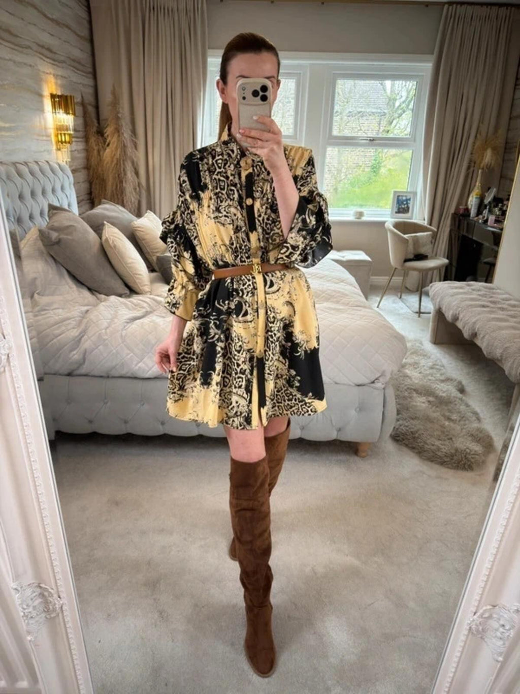 Cherry Koko Cream & Black Animal Print Shirt Dress S/M
