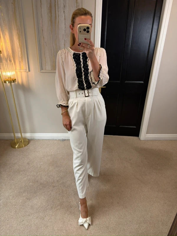 River Island Cream & Black Lace Frill Embellished Blouse 14