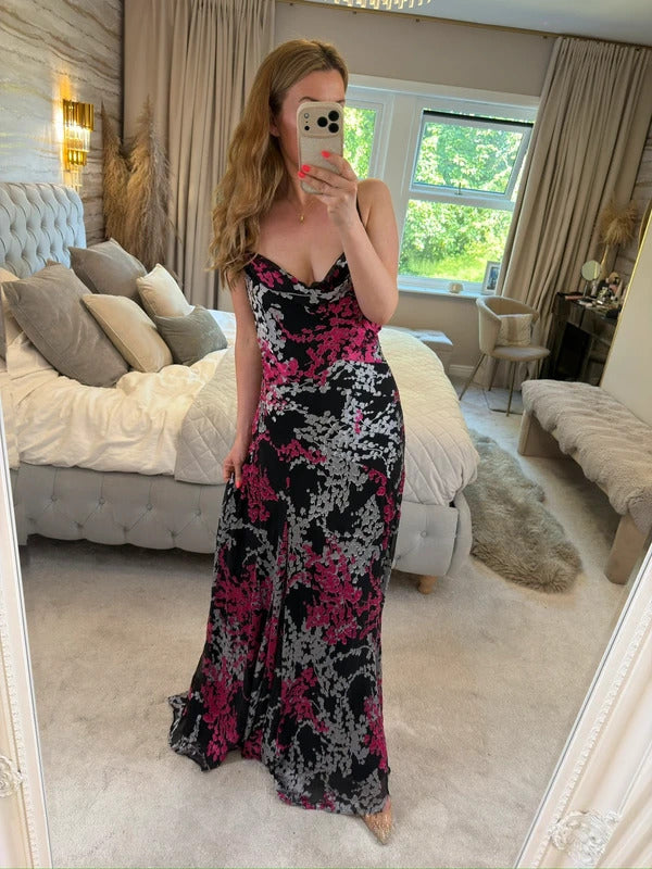 Monsoon Vintage 90s Black Floral Cowl Maxi Dress 14