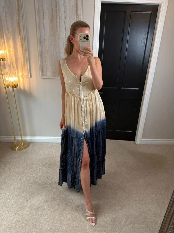 Gold & Silver Paris Beige & Navy Silver Sequin Maxi One Size