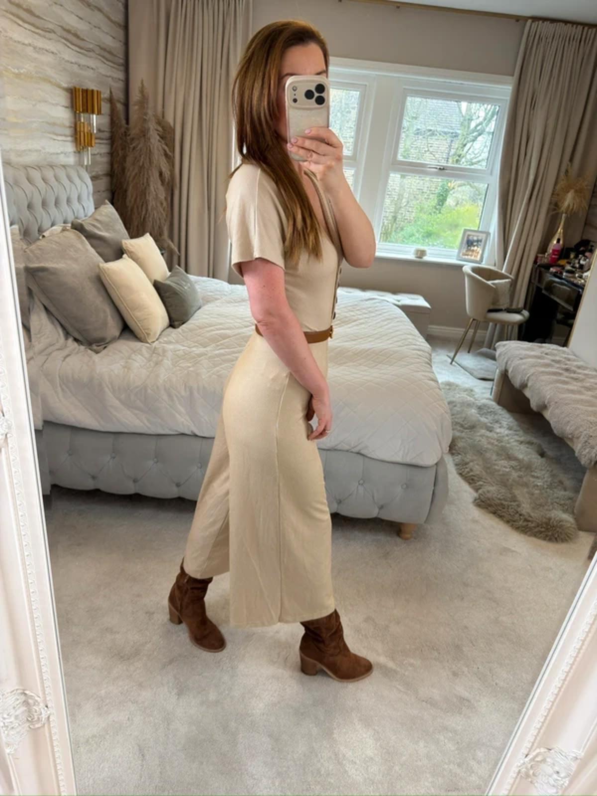 Stradivarius Beige Stripe Cropped Wide Leg Jumpsuit Small