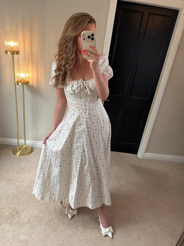 BNWT House of CB Tallulah White Floral Puff Sleeve Midi Dress