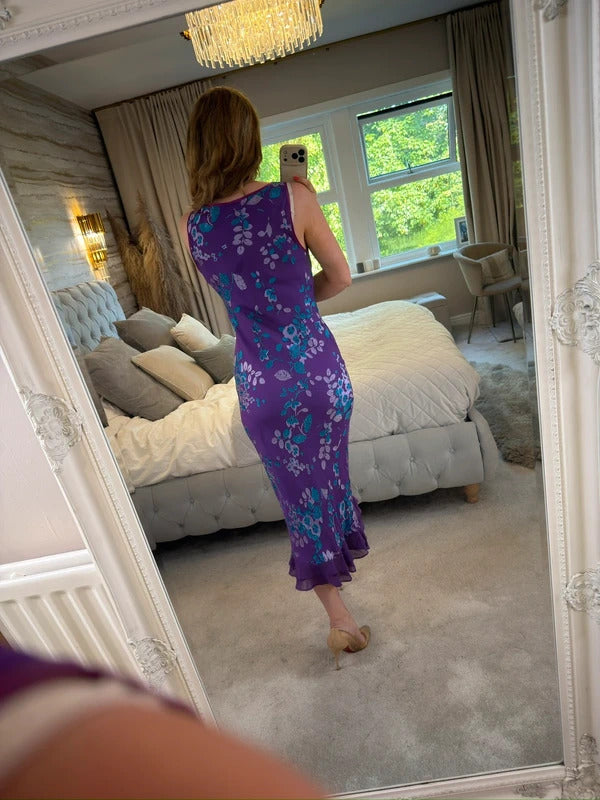 Vintage Monsoon Purple Floral Silk Devore Midi Dress 10/12