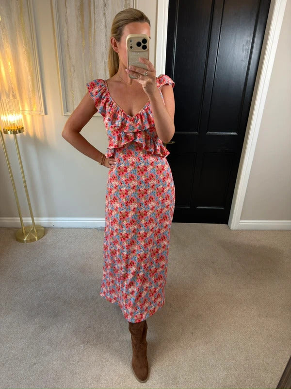 F&F Multicoloured Floral Frill Midi Dress 10
