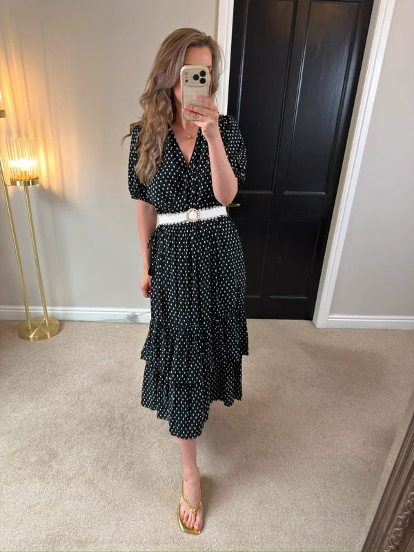 Knox Rose Black & White Tie Wrap Tiered Midi Dress Large