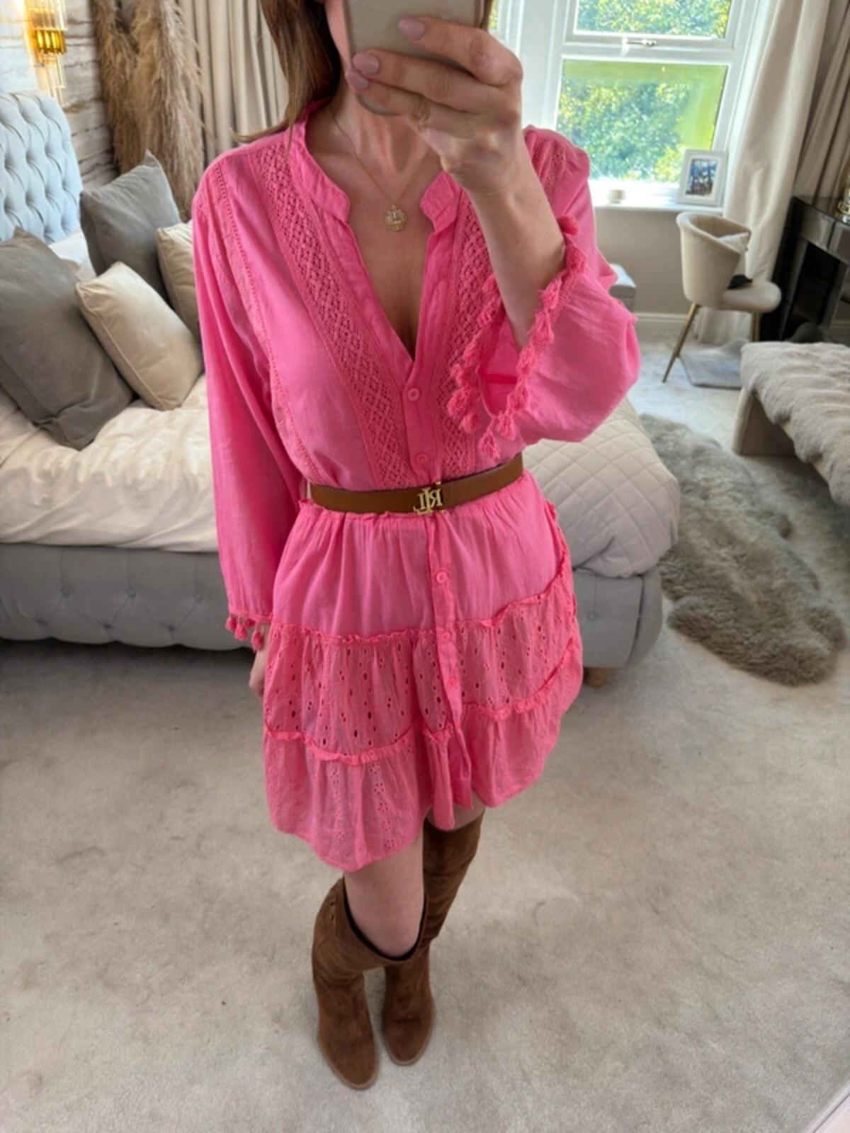 American Flirt Pink 100% Cotton Mini Dress Large