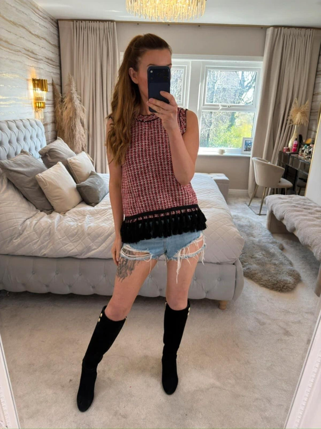 Zara Red Tweed Fringe Blouse Small