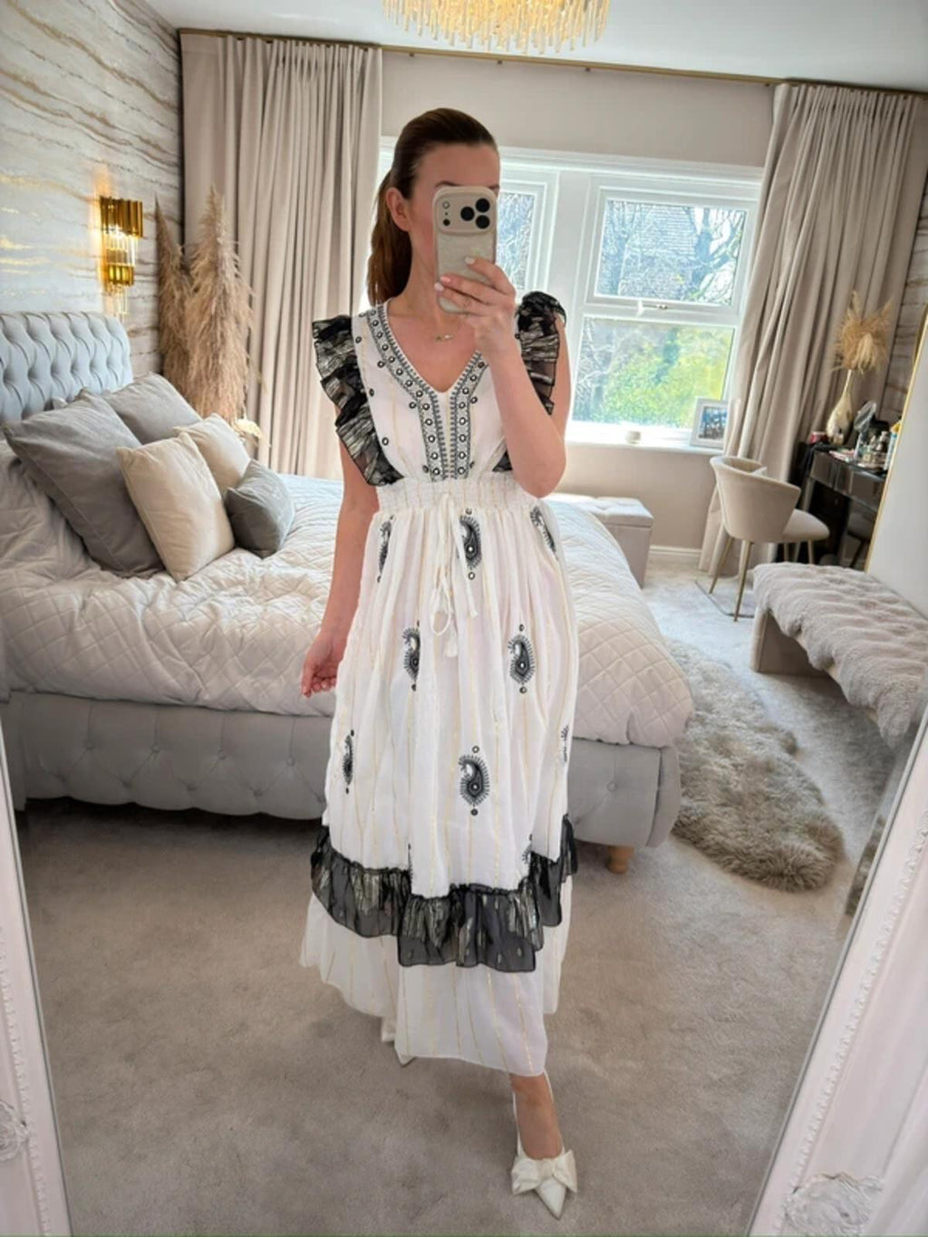 Boutique White & Black Boho Embellished Dress One Size