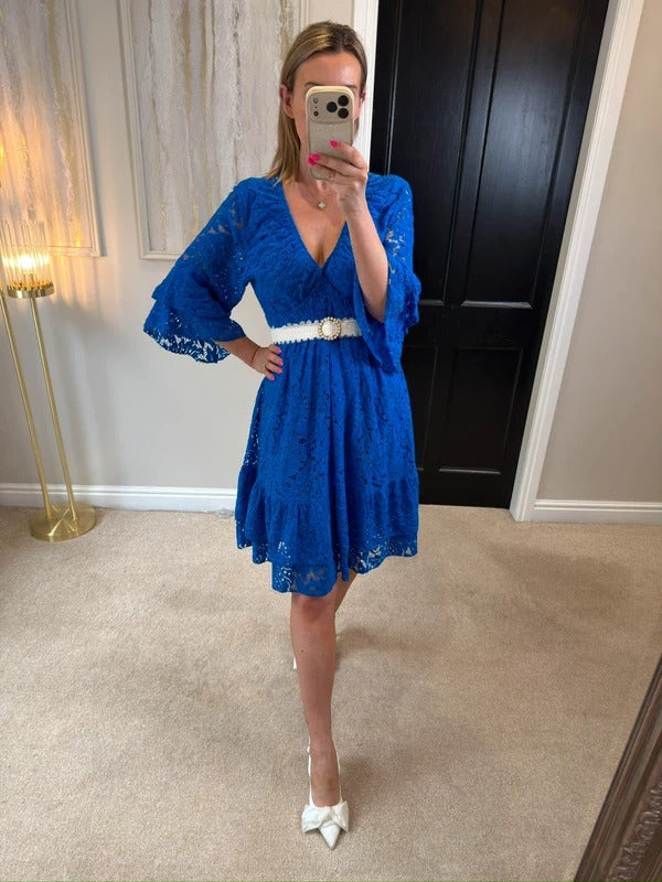 Boutique Cobalt Blue Lace Frill Dress One Size