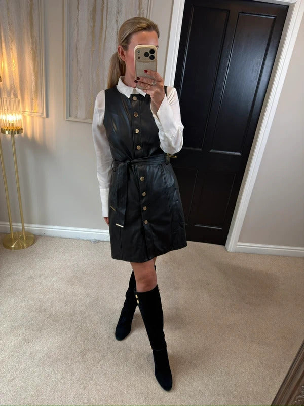 F&F Black Faux Leather Belted Dress 10