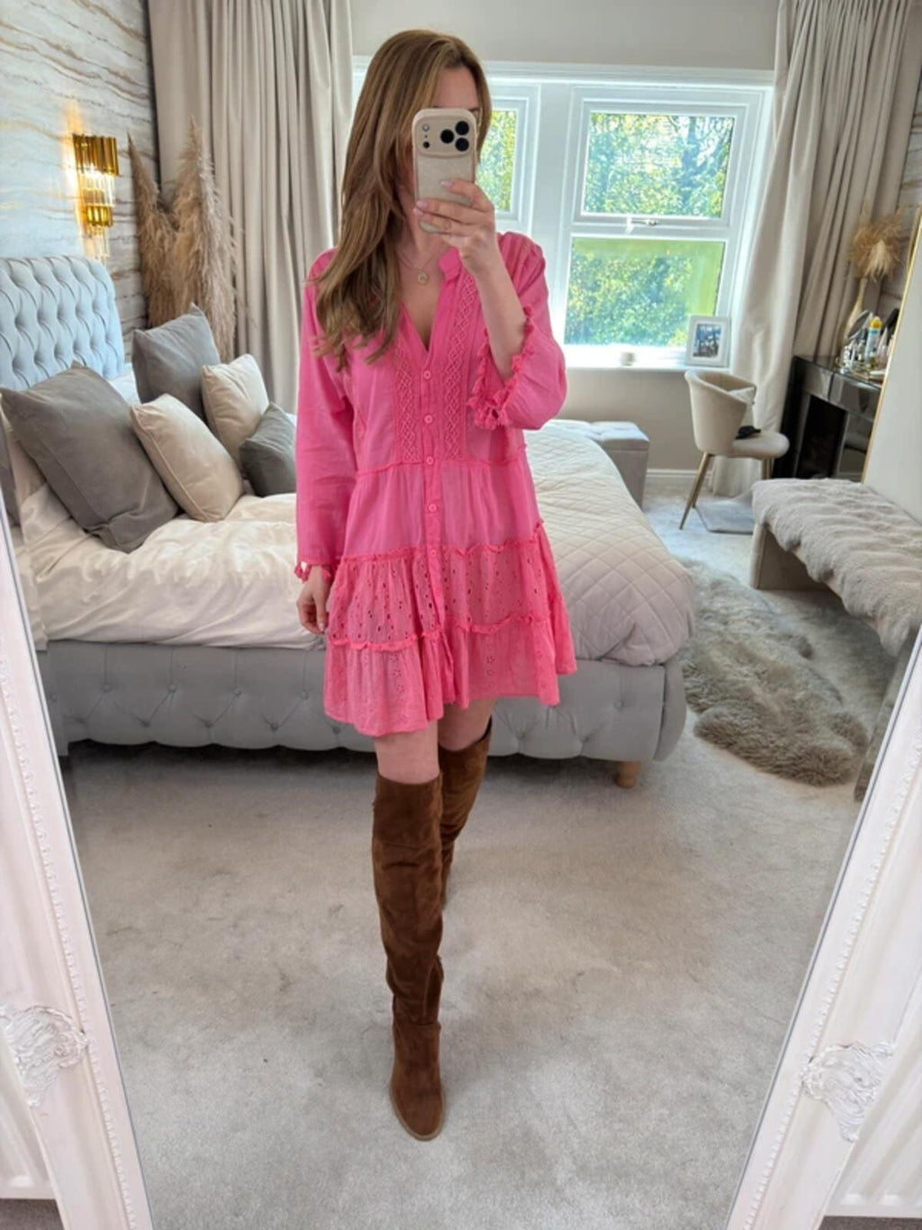 American Flirt Pink 100% Cotton Mini Dress Large