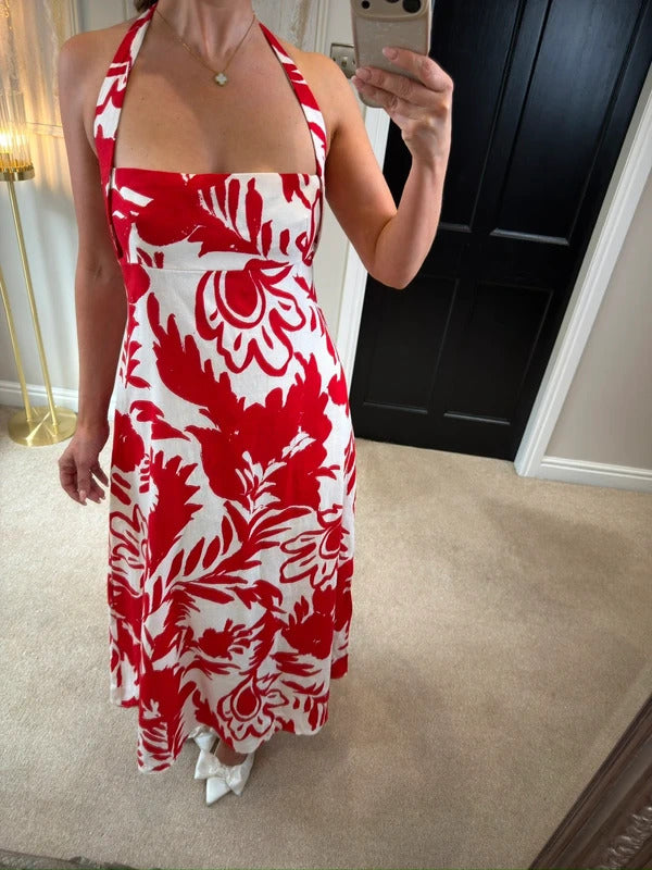 BNWT Zara Red & White Linen Blend Dress Large