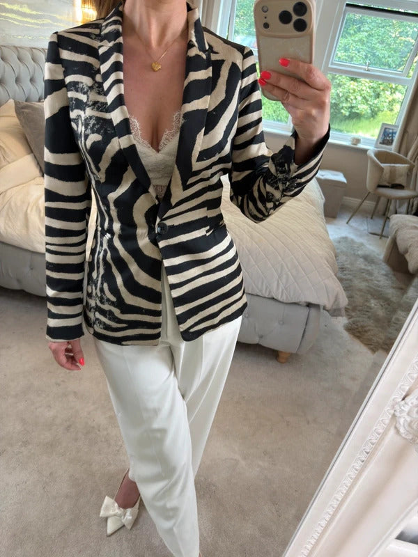 Zara Black & Cream Animal Print Blazer Small