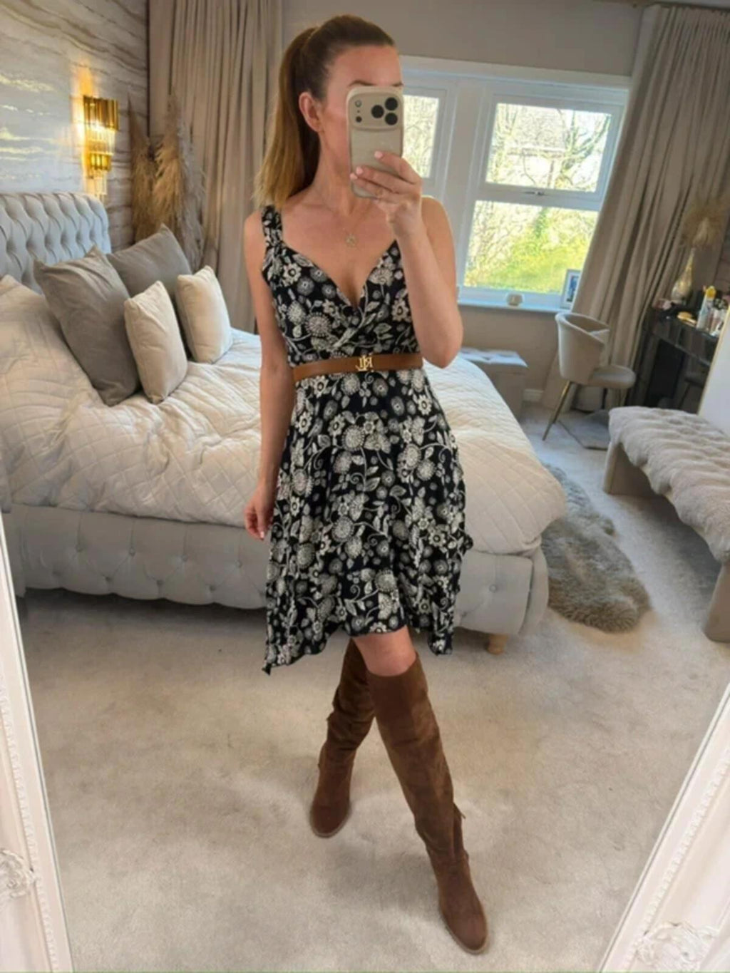 Apricot Navy Floral Asymmetrical Hem Dress 8