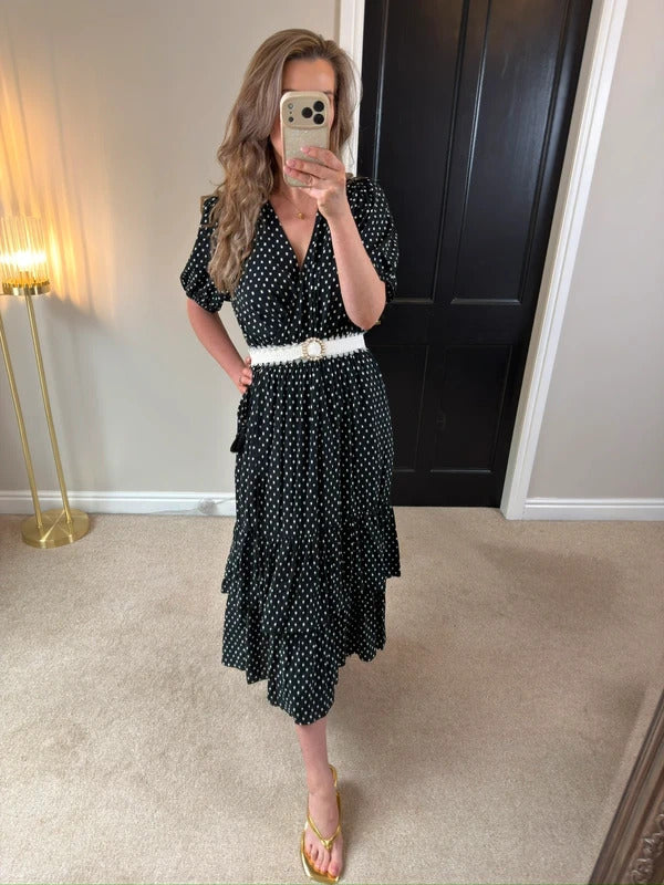 Knox Rose Black & White Tie Wrap Tiered Midi Dress Large