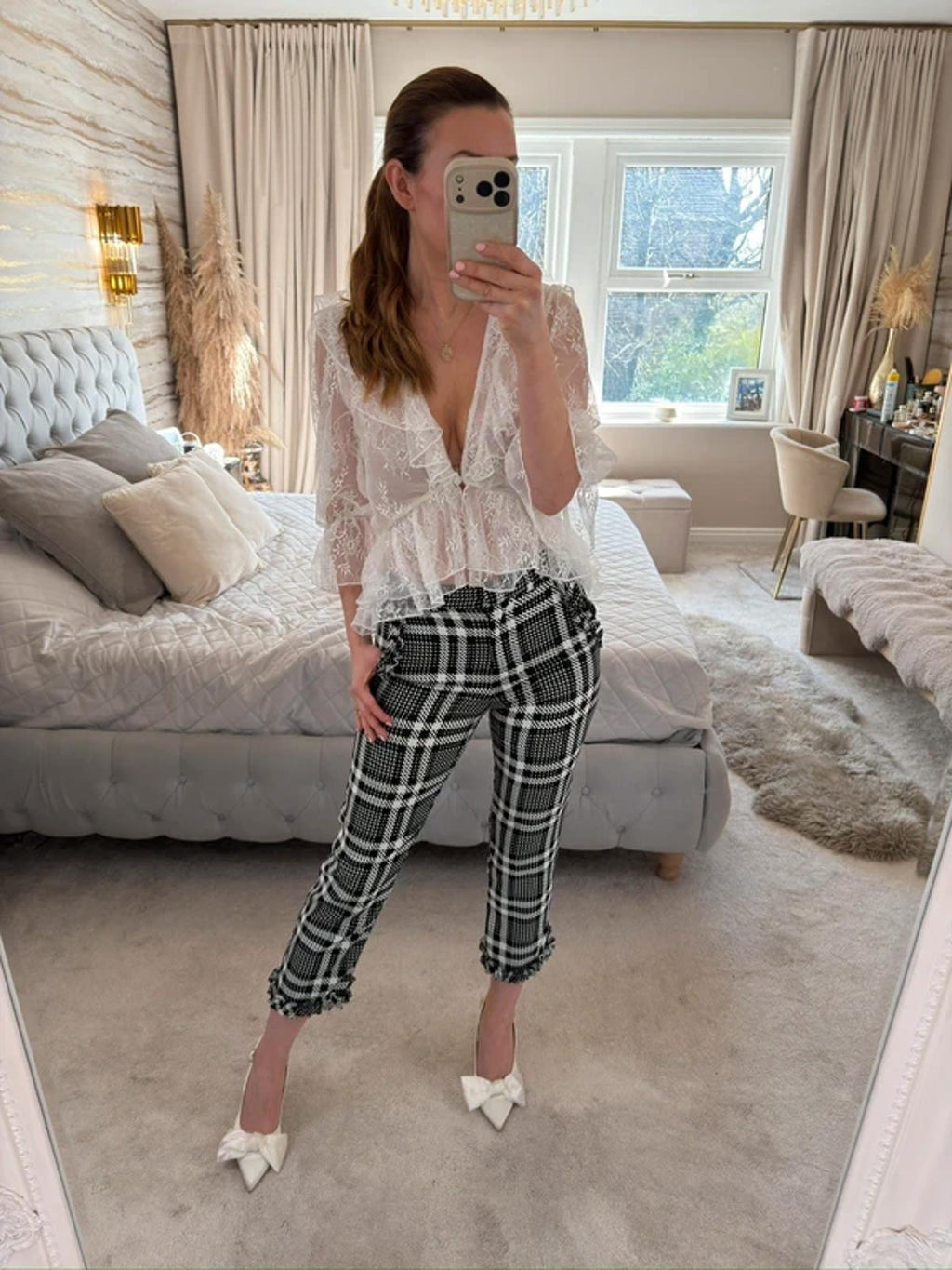 River Island Black & White Check Frill Cropped Trouser 6