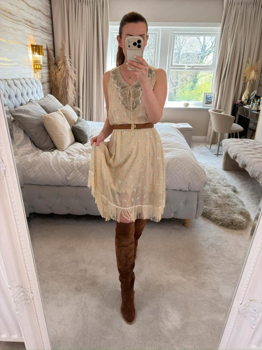 ⭐ Shilpavan Decor Exclusive Beige Boho Tassel Embellished Dress Medium