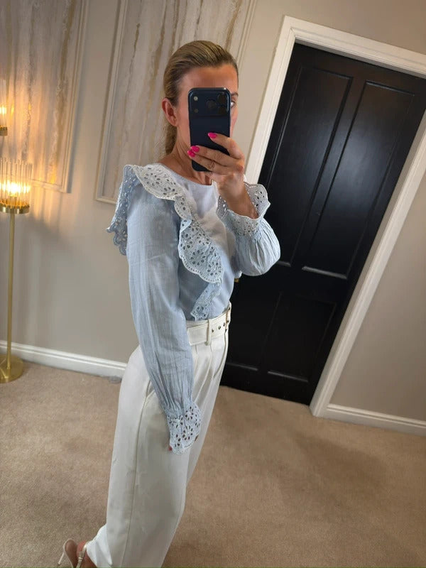 M&S Limited Edition Blue & White Striped Frill Blouse Size 10