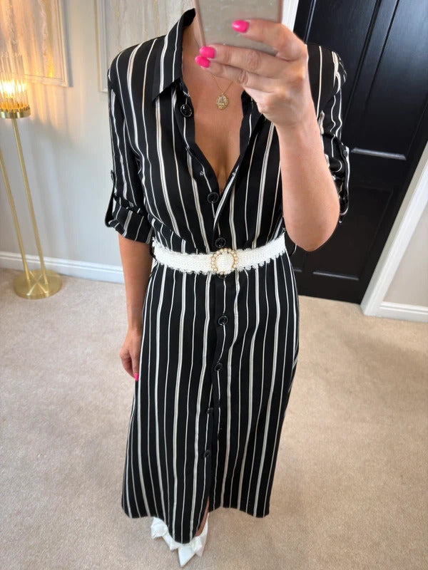 Riani Black & White Striped Shirt Dress Short Sleeve Size 10