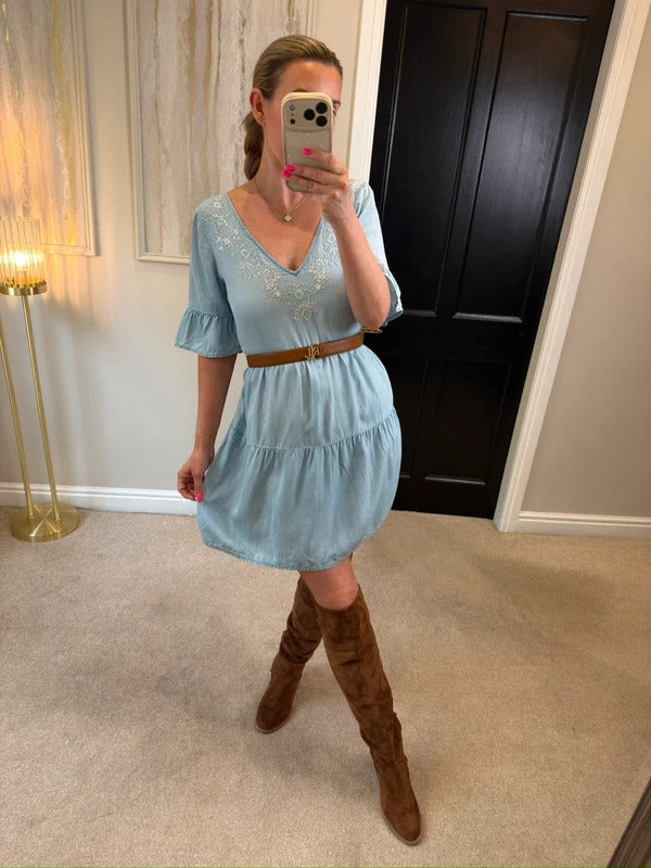 Accessorize XS Light Denim Embroidered Boho Mini Dress XS