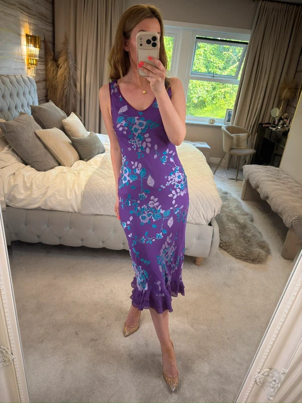 Vintage Monsoon Purple Floral Silk Devore Midi Dress 10/12