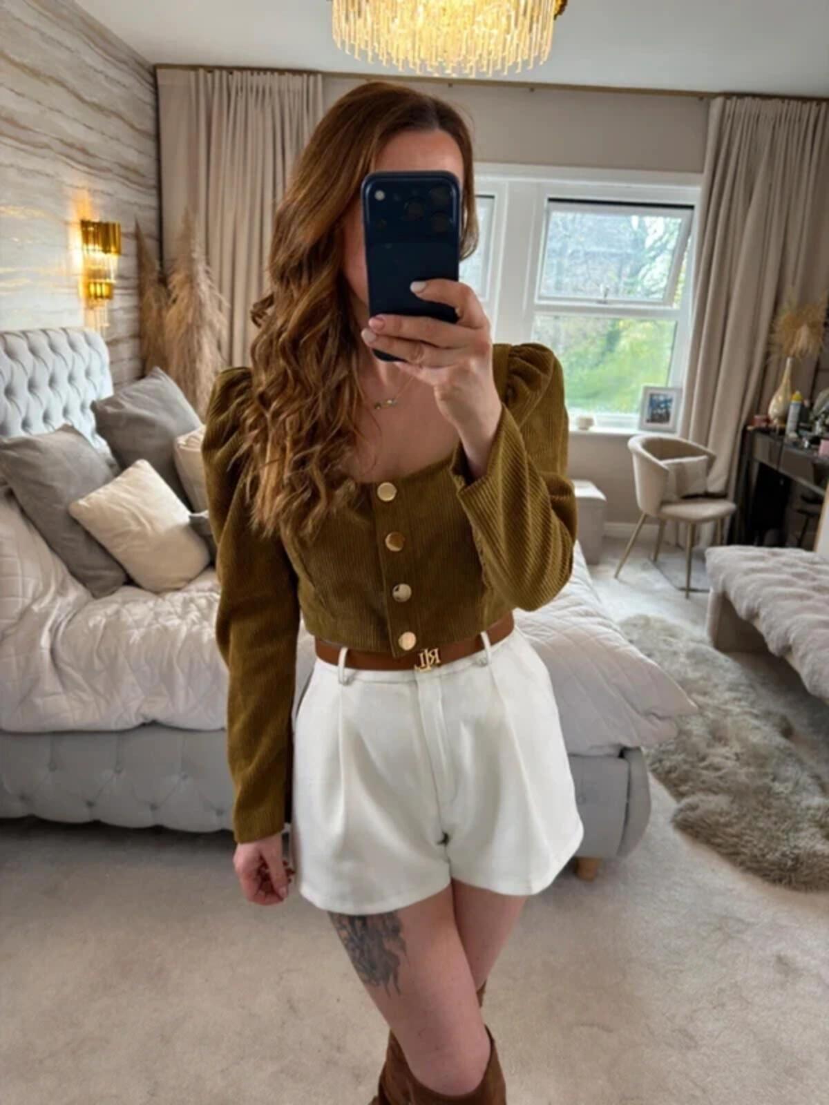 Zara Brown Corduroy Puff Sleeve Top Medium