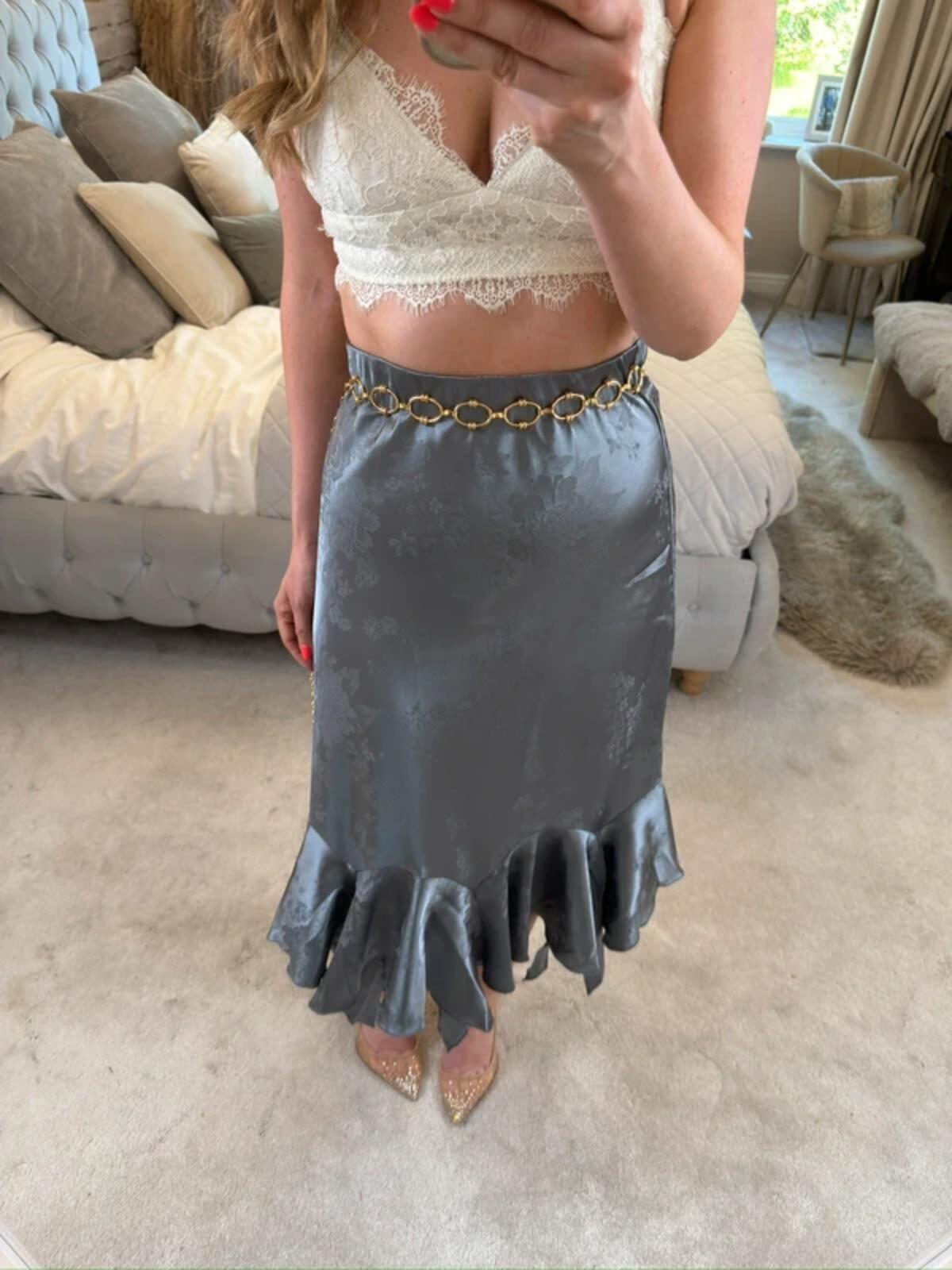 ⭐ BNWT Miss Selfridge Purple / Silver Asymmetrical Satin Floral Midi Skirt 12