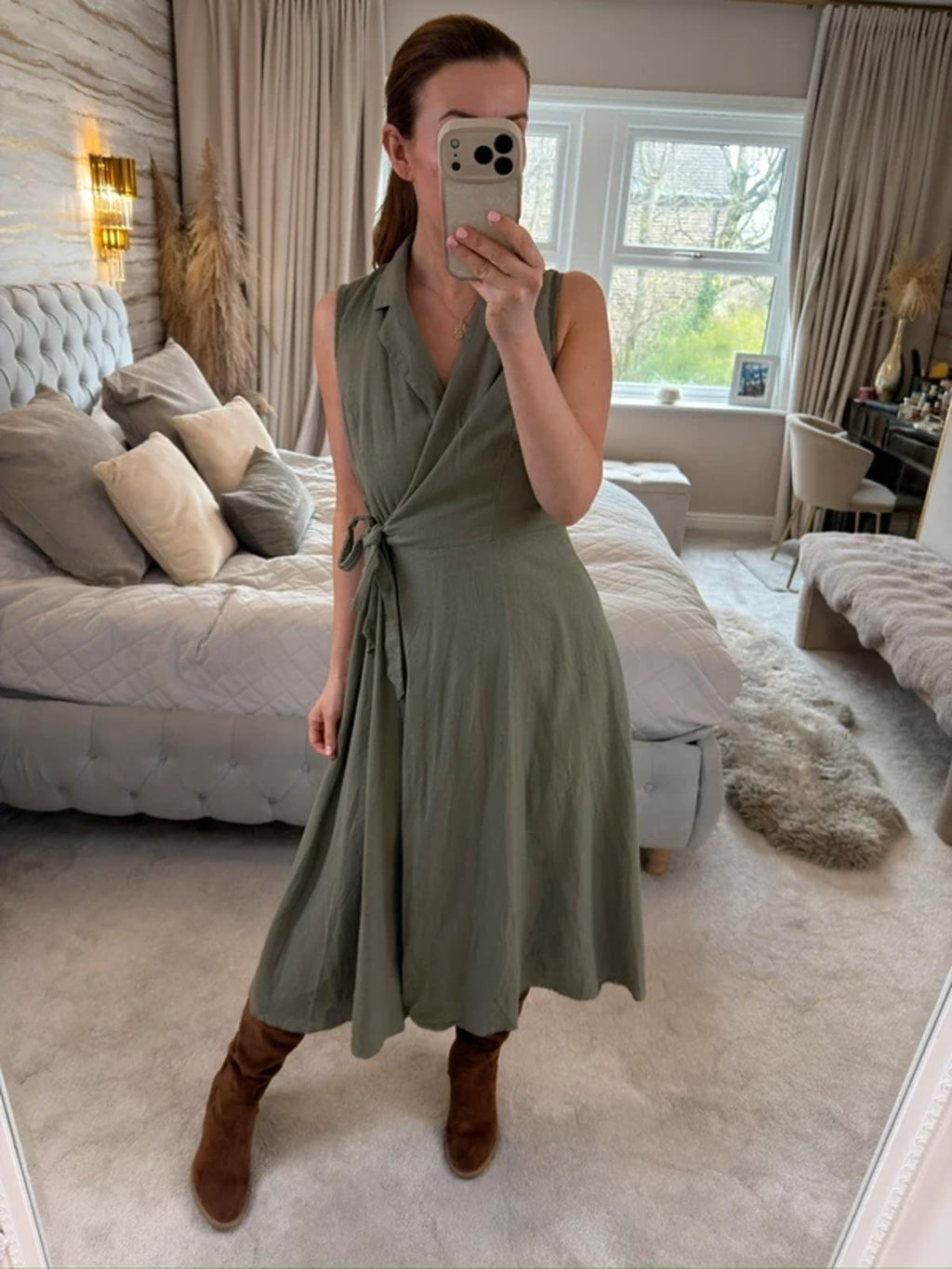 DKNY Khaki Linen Blend Wrap Dress 8