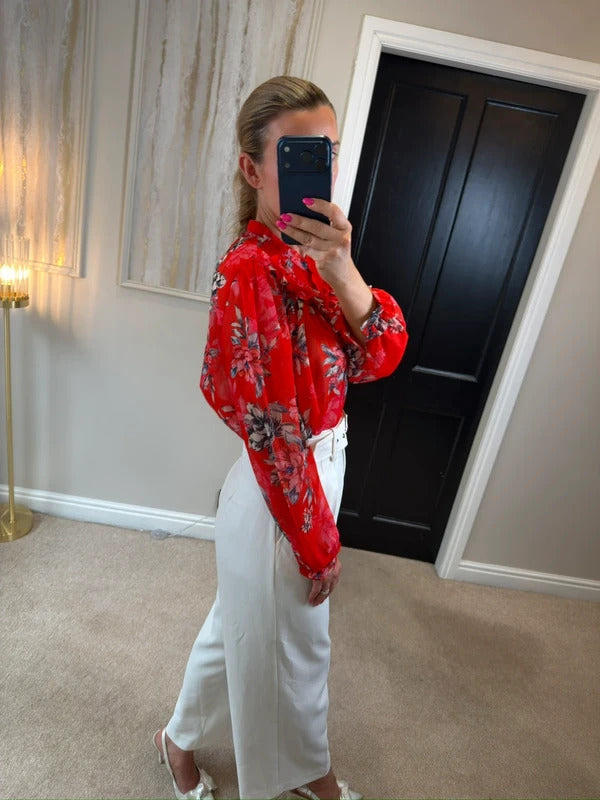 French Connection Red Sheer Floral Frill Blouse 10