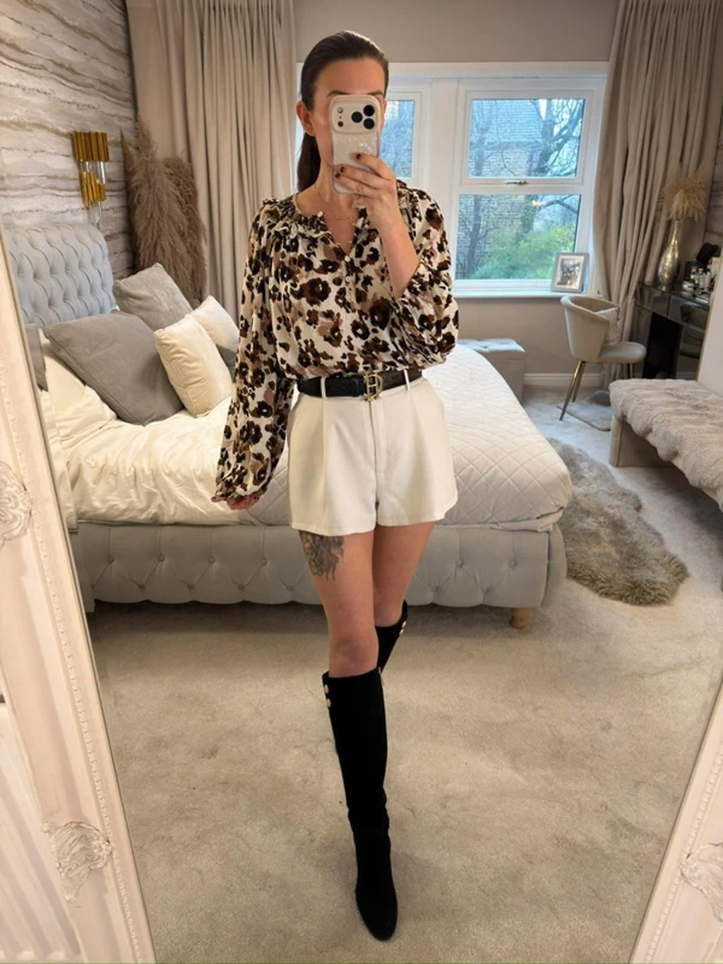 White & Brown Boho Animal Print Blouse 16