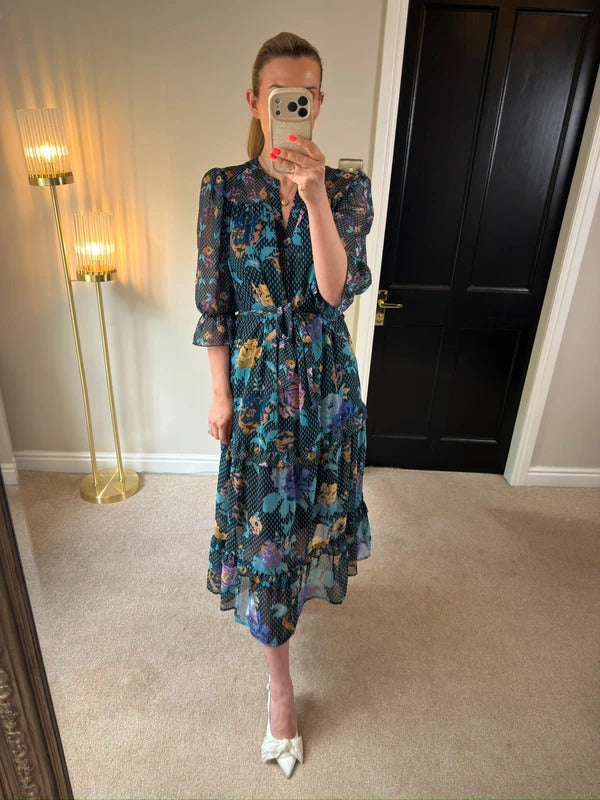 Next Navy Floral Tiered Frill Midi Dress 12
