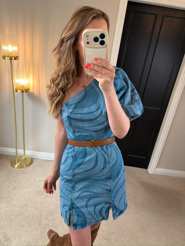 ASOS Denim One Shoulder Puff Sleeve Retro Style Mini Dress Size 10