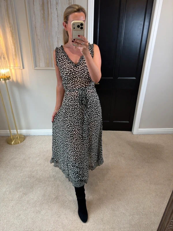 Black & White Spotty Sheer Belted Dress Medium