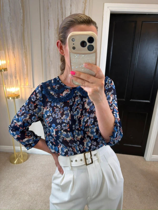 River Island Semi Sheer Blue Floral Lace Collared Blouse 12