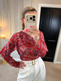 Papaya Red & Blue Sheer Paisley Frill Blouse 10