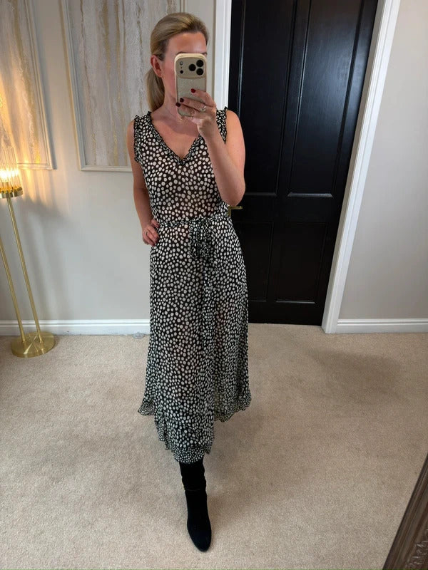 Black & White Spotty Sheer Belted Dress Medium