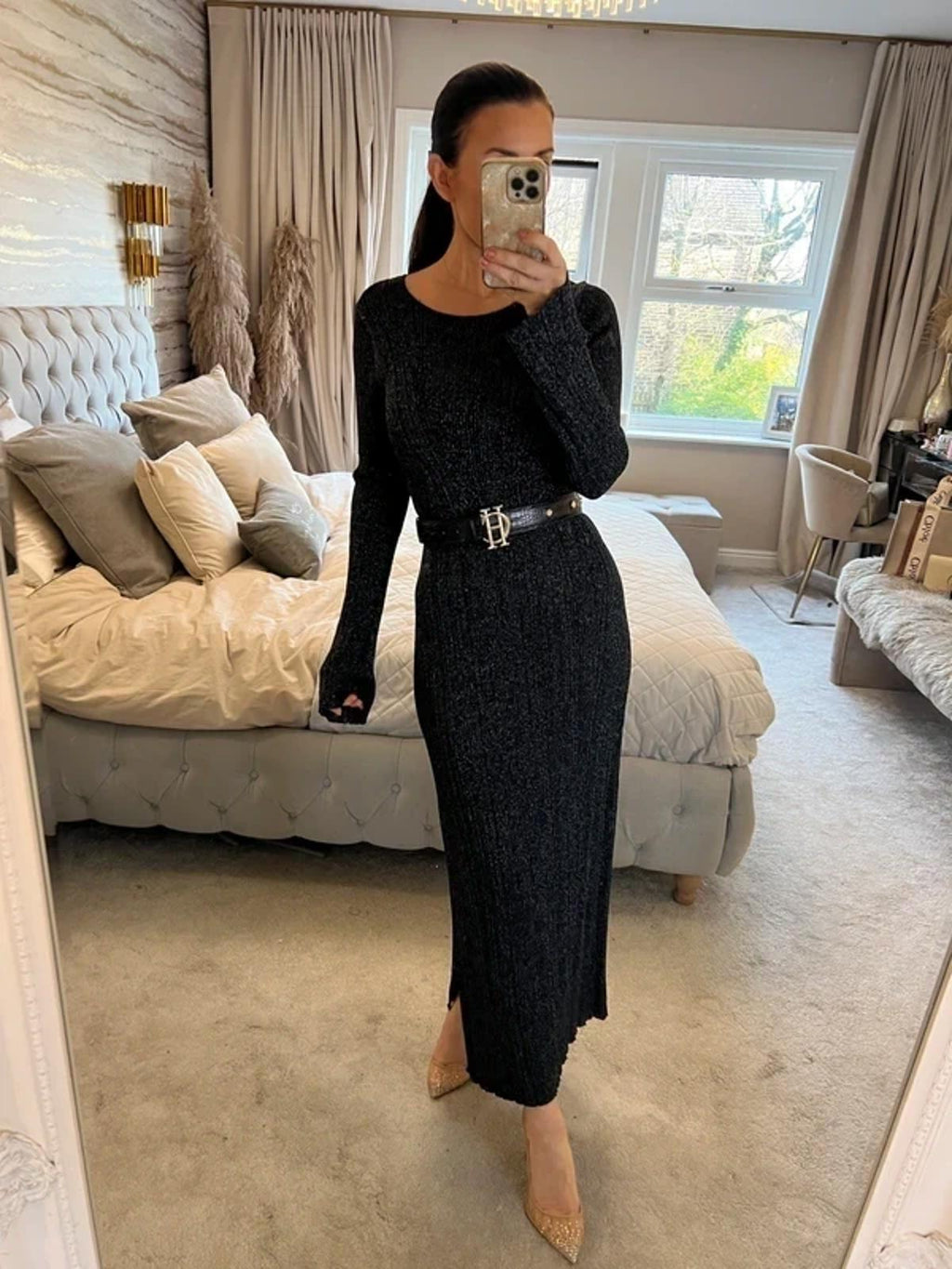 Next Black Sparkle Knit Midi Dress Large
