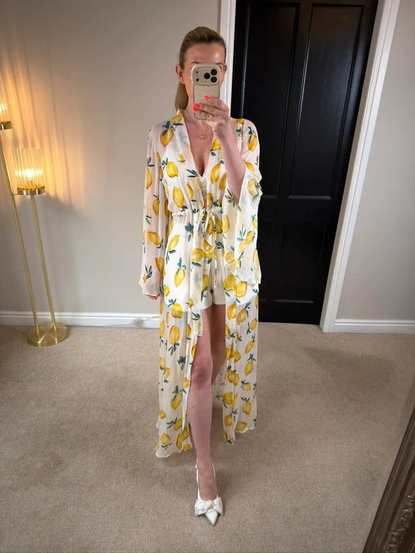Alexandra Miro Chloe Gown Sorento White Lemon Maxi Kimono Small