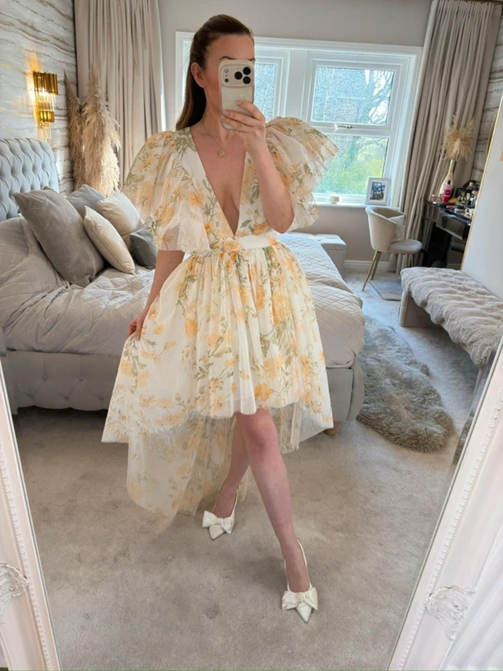 River Island Luxe Yellow Floral Tulle Dip Hem Dress 12