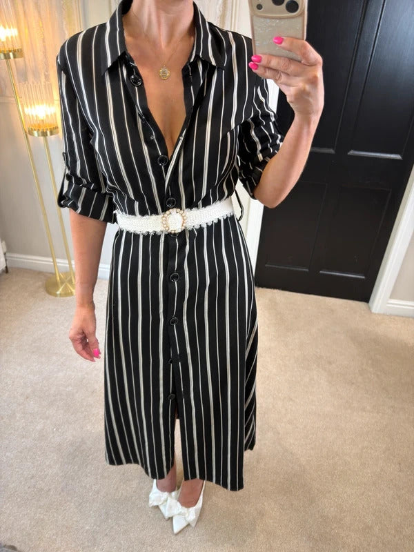 Riani Black & White Striped Shirt Dress Short Sleeve Size 10