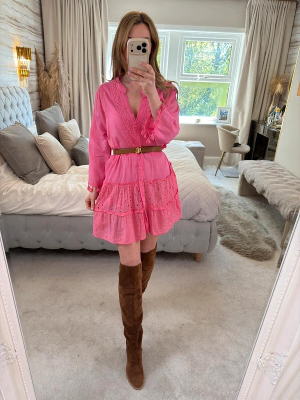 American Flirt Pink 100% Cotton Mini Dress Large