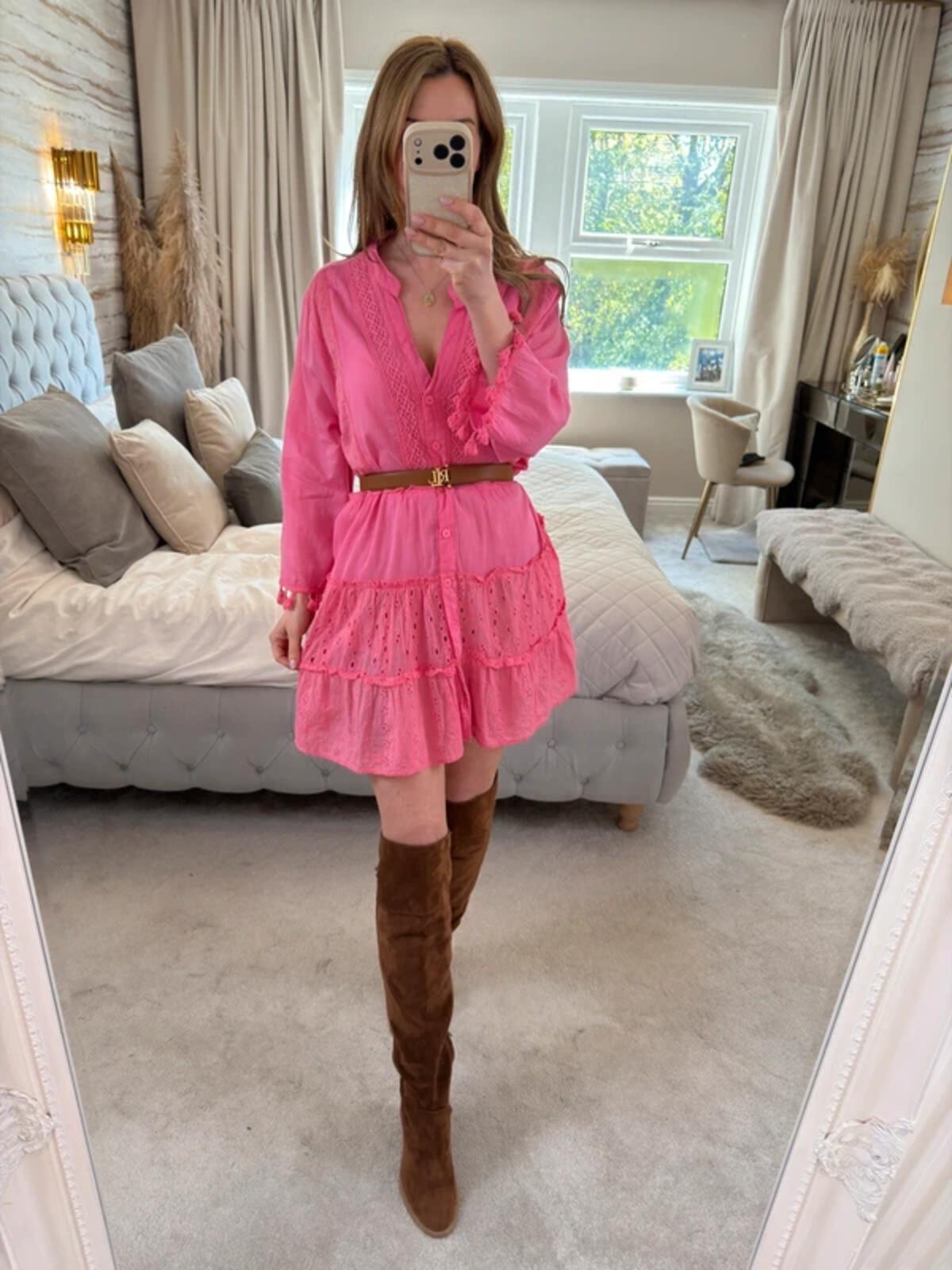 American Flirt Pink 100% Cotton Mini Dress Large
