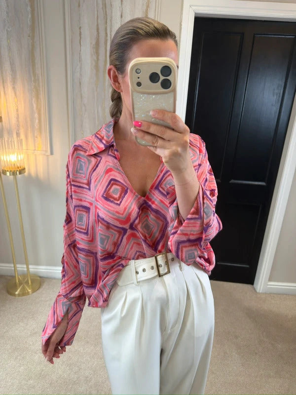 BNWT Gold & Silver Paris Pink Satin Oversized Blouse One Size