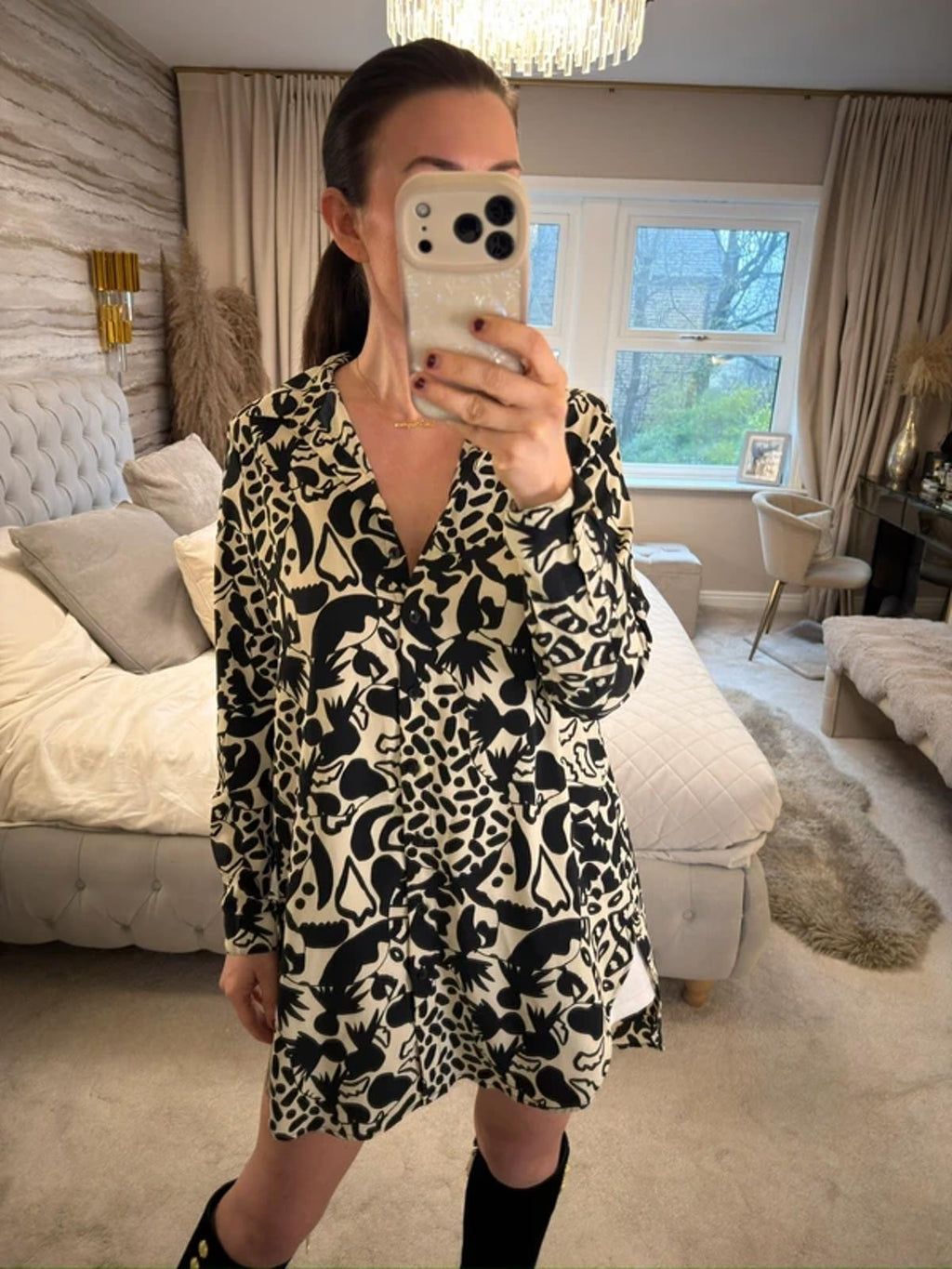 Monki Cream & Black Oversized Shirt XS