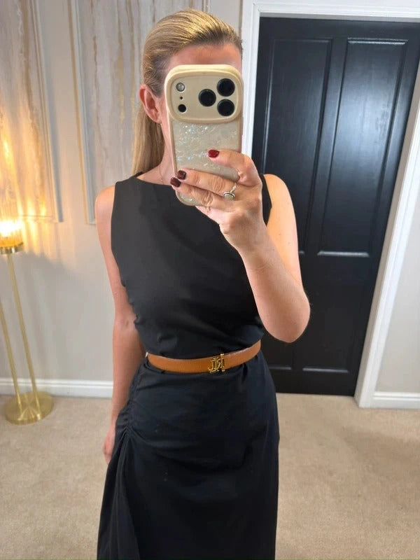 Cos Black Asymmetrical Ruched Dress Medium