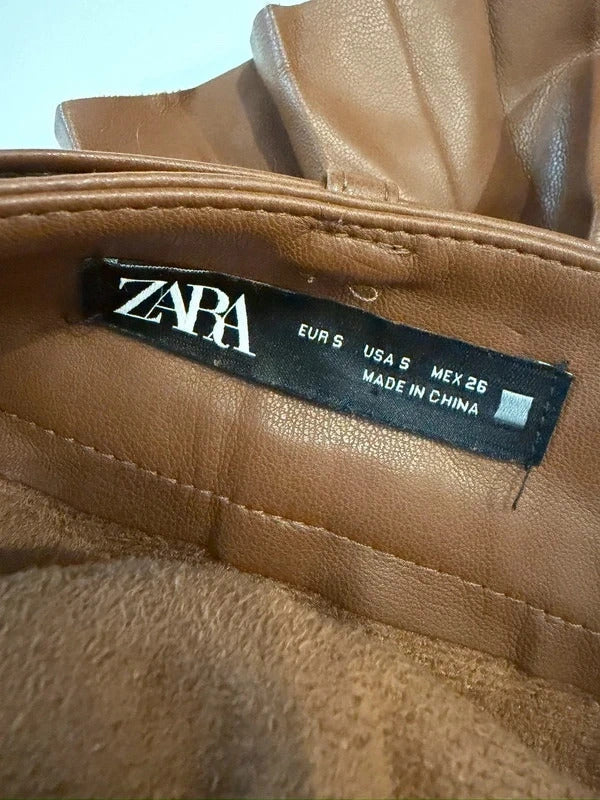 Zara Brown PU Leather Pleated Belted Skirt Small