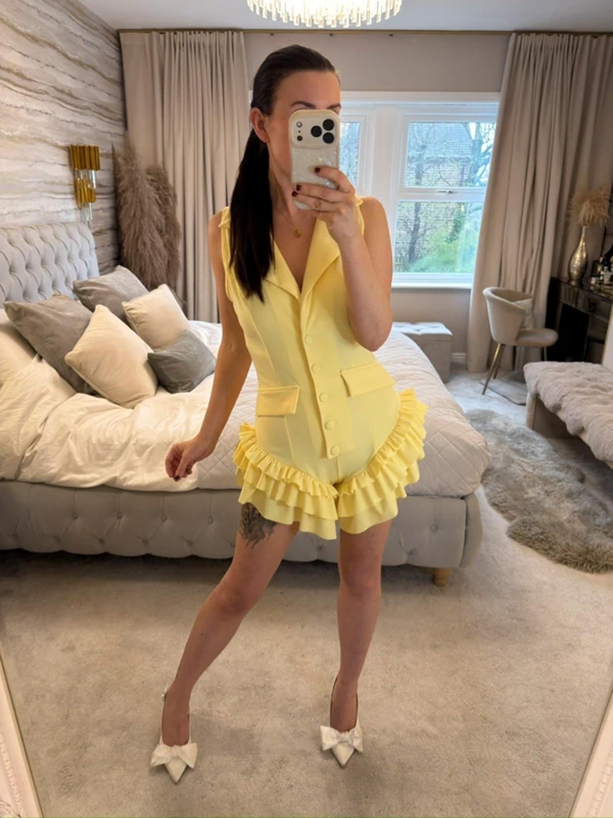 Retro Stage 1960s Yellow Frill Playsuit Small