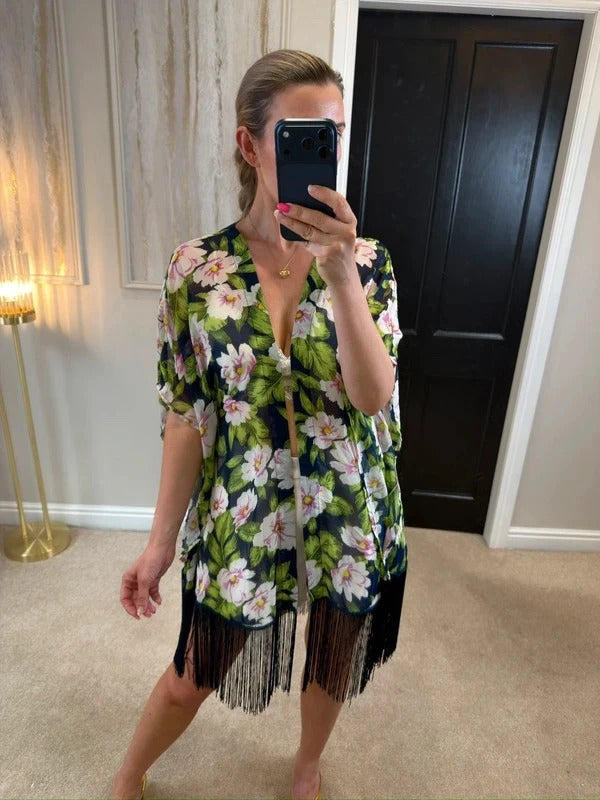 Urmoda Navy Floral Fringe Kimono Medium