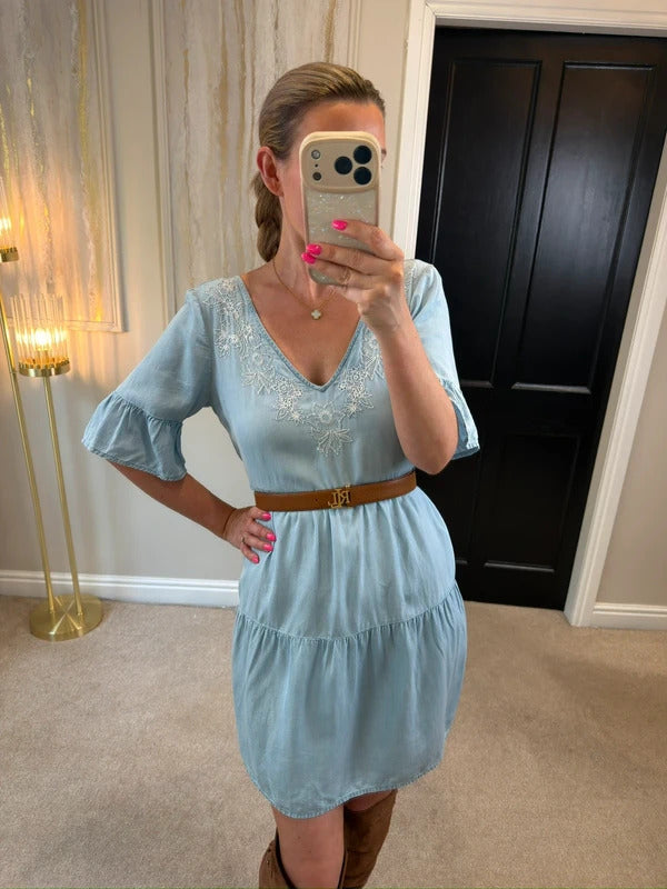 Accessorize XS Light Denim Embroidered Boho Mini Dress XS