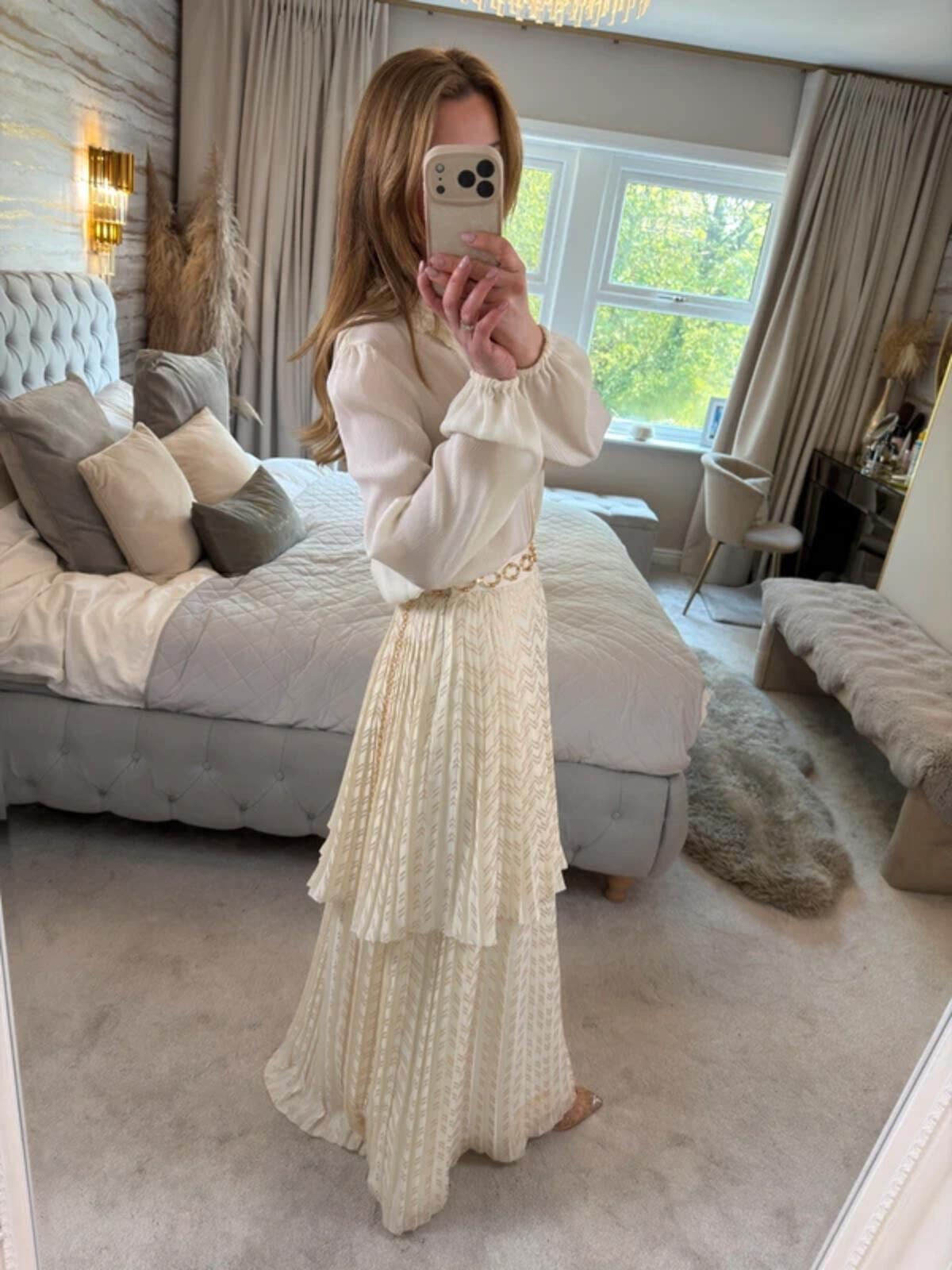Cream & Gold Pleated Tiered Maxi Skirt XS